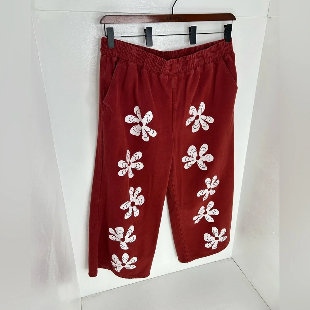 Cider Jeans Red Denim Cotton Flower Print‎ Wide Legs Pants Size 4XL Boho 40x27